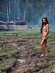 Nude girl walks around the moving real russian tank! Exclusive amateur xxx photos