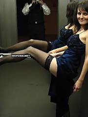 Amateur porn - crazy middle-aged dark haired doing nasty things in elevator, flashing her cool long hot legs in black stockings and then having crazy sex with lover in hotel apartment