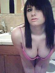 Brunette busty chick gets naked on cam.