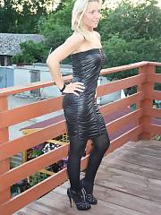 Wonderful blond mature nymph in black tight dress